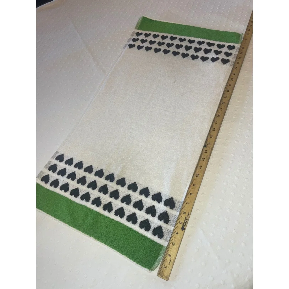 Vintage German Hand Towel 100% Cotton White Black Hearts Green‎ Border 31x15
